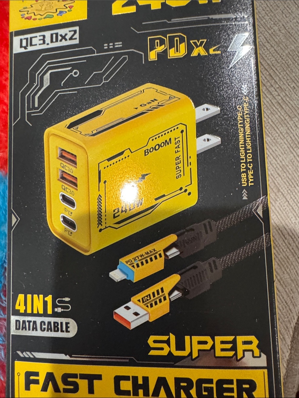Yellow 'Super Fast Charger' 4-in-1 USB Wall Adapter